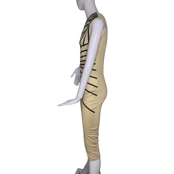 Sexy One Shoulder Bandage Dress Size Large Beige and Black Patchwork Front Slit - Picture 5 of 8